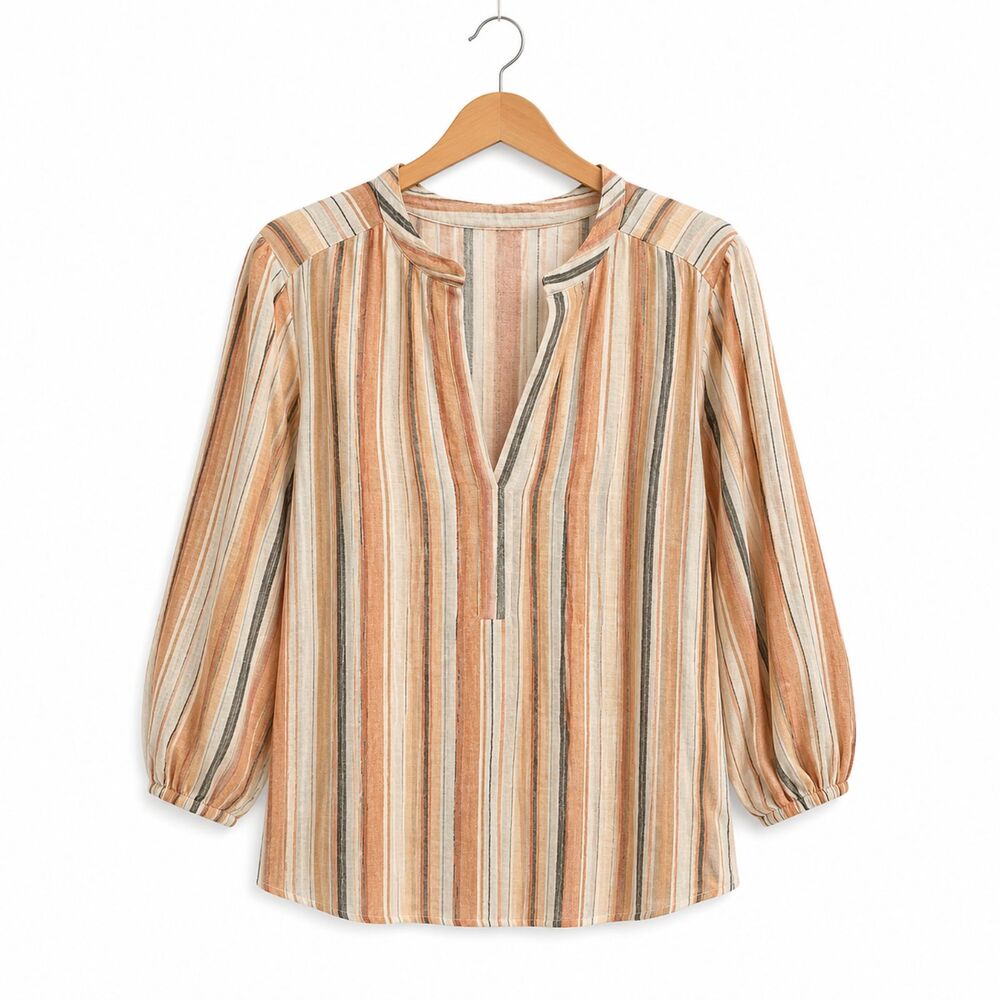 Anthropologie Bishop + Young Coastal Boho Striped Cotton Blouse Orange Cream M